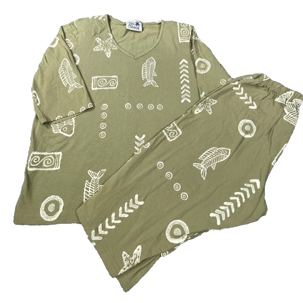 Vintage Copa Cabana 2 Piece Set Women Large Green Beach Print USA Outfit Coastal